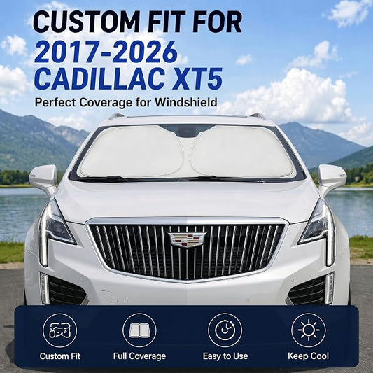 Custom Fit Windshield Sun Shade for Cadillac XT5 2017-2026 | Custom Fit, Double-Layer Heat Insulation, Reinforced Frame, No Sagging, Easy Fold & Storage