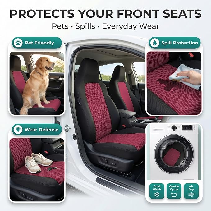 FH Group Full Set Car Seat Covers Classic Cloth Universal Fit Burgundy Seat Covers,Washable High Back Combo Small Car Seat Cover Design Front Seat Covers Automotive Seat Cover for SUV, Sedan, Vans