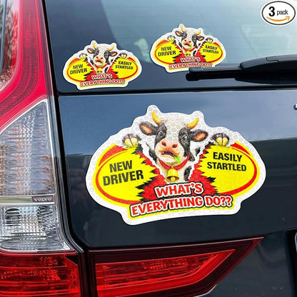 3 Pcs Reflective Student Driver Magnet and Stickers Set - Funny Animal New Driver Safety Signs for Car, Waterproof & Weatherproof High Visibility Vehicle Bumper Decals, Magnet + Stickers (Cow)