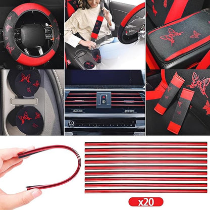 BBTO 43 Pcs Butterfly Car Seat Full Set Butterfly Car Accessories for Women 5 Front Rear Seat Covers Wrist Strap 2 Pcs Cup Mat Armrest Pad 2 Belt Xmas Cover Accessories for SUV(Red, Black)