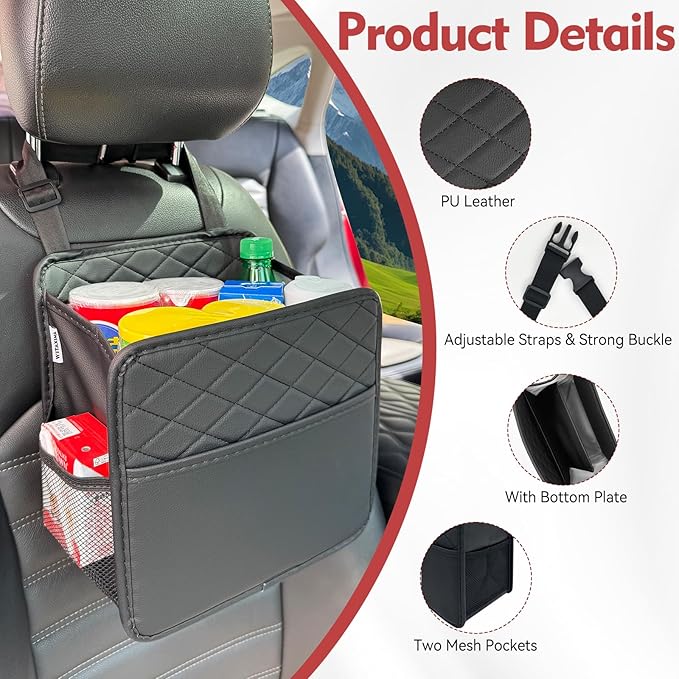 Witaxima Upgrade Car Seat Organizer Backseat with Storage Pockets, Multipurpose Car Organizer Hanging, Car Trash Bag Can,Premium PU Leather Garbage Can 2.14 Gallon Large Capacity, Black.