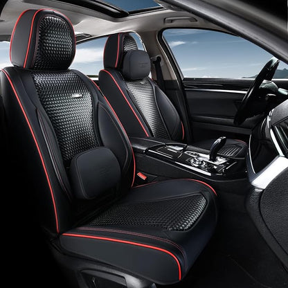 Coverado Car Seat Covers Full Set, Black Redline Seat Covers for Cars, Waterproof Nappa Leather Automotive Seat Covers with Lumbar Head Pillow, Car Seat Protectors, Universal Fit for Most Cars SUV