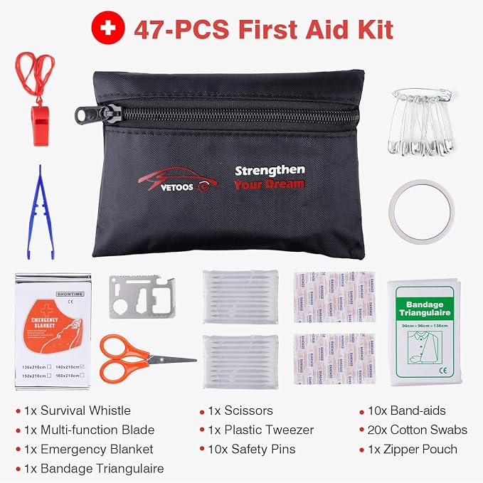 Vetoos Car Roadside Emergency Kit with Jumper Cables, Auto Vehicle Safety Road Side Assistance Kits, Winter Car Kit for Women and Men, with Portable Air Compressor, Tow Rope, Multitool Plier