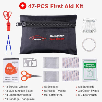 Vetoos Car Roadside Emergency Kit with Jumper Cables, Auto Vehicle Safety Road Side Assistance Kits, Winter Car Kit for Women and Men, with Portable Air Compressor, Tow Rope, Multitool Plier
