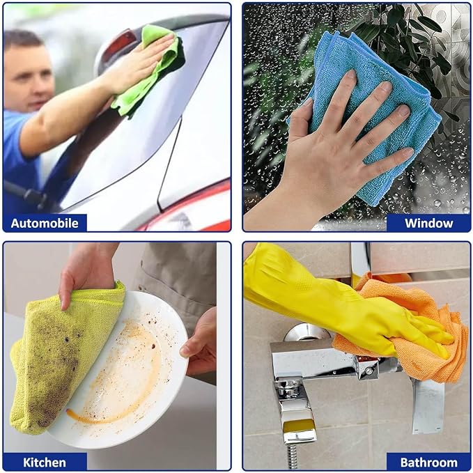 Microfiber Cleaning Cloths (24-Pack), 14" x 14", Ultra Absorbent, Lint-Free, Streak-Free, Reusable, Ideal for Car, Kitchen, Window, and Household Cleaning (Orange/Yellow/Green/Blue)