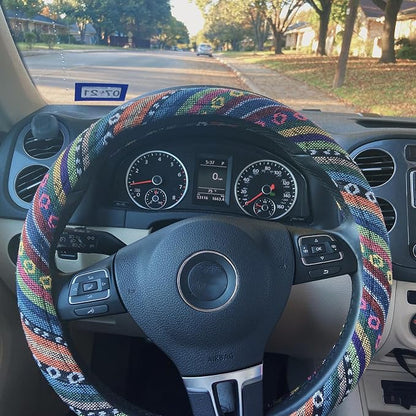 Boho Steering Wheel Cover for Women Men Baja Blanket Enthic Car Steering Wheel Cover Ethnic Car SUV Wheel Protector, Breathable, Anti-Slip, Odorless, Universal Fit 14.5-15 Inch