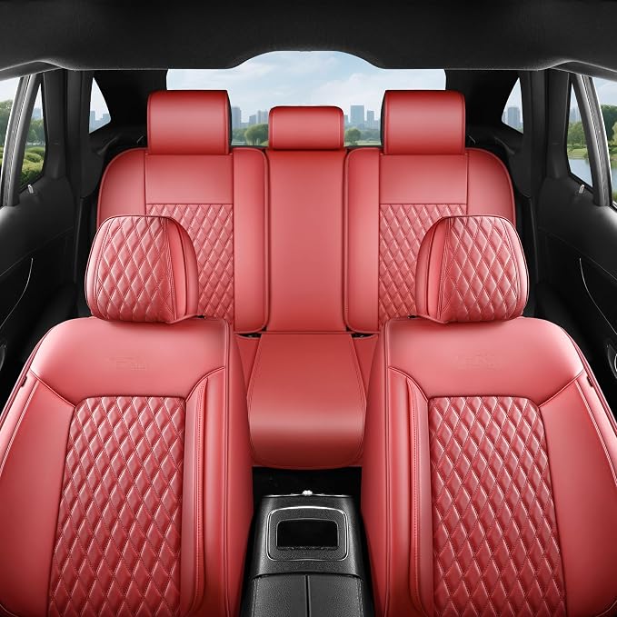 Burgundy Leather Seat Covers for SUV Full Set,Contoured Universal Precision Fit Heavy-Duty Nappa Leather Automotive Seat Covers for Cars,Style1 Wine Red