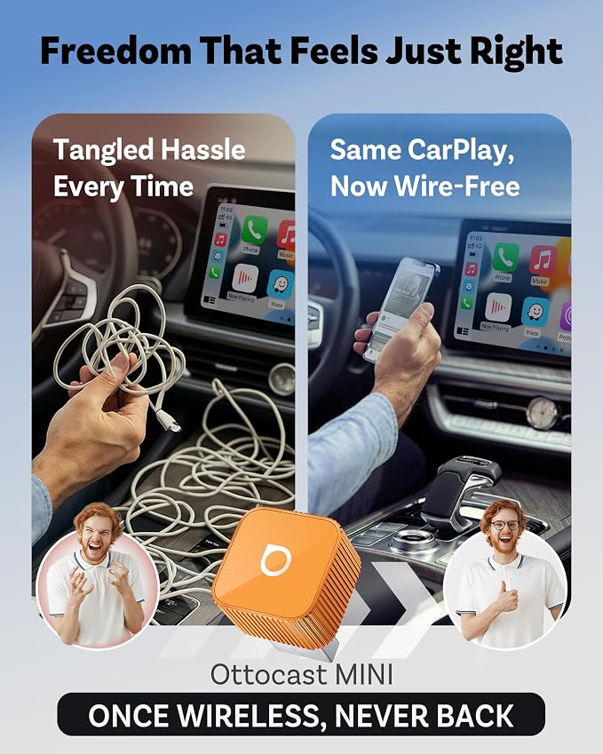 OTTOCAST 2026 New Mini Slim Orange, 2-in-1 Wireless CarPlay Adapter & Android Auto Adapter, Plug & Play Wireless Carplay Dongle, 5s Auto-Connect, Mini Cube for Factory Wired Cars, iPhone & Android