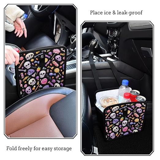 Car Trash Can Organizer Bin with Adjustable Strap for Back Front Seat Console Waterproof Leakproof Collapsible Portable 11 Inch Halloween Skulls Lollipops Candies
