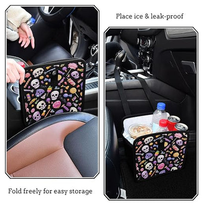 Car Trash Can Organizer Bin with Adjustable Strap for Back Front Seat Console Waterproof Leakproof Collapsible Portable 11 Inch Halloween Skulls Lollipops Candies