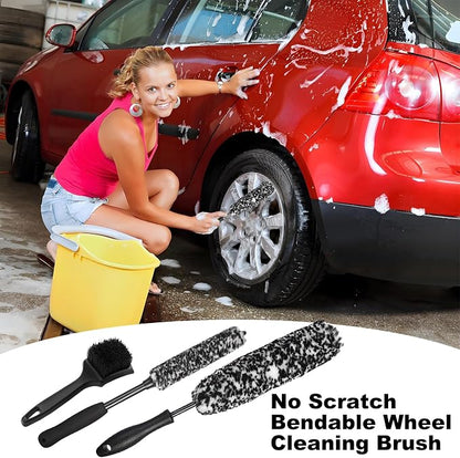 Bendable Wheel Brush Kits Soft Microfiber Wheel Cleaner Brush Synthetic Woolies No-Scratch Wheel Cleaning Brush Car Detailing Rim Tire Brush