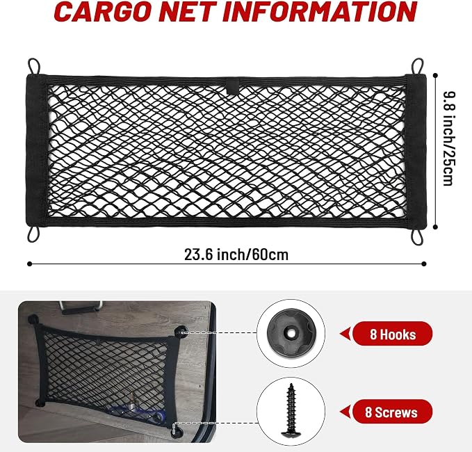 RED WOLF 2 Pcs Universal Elastic Mesh Netting Car Pouch for Trunk RV Boats Home Cargo Storage with Screws and Hooks (23.6'' x 9.8'')