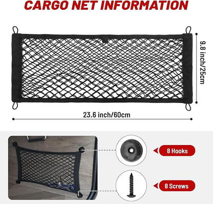 RED WOLF 2 Pcs Universal Elastic Mesh Netting Car Pouch for Trunk RV Boats Home Cargo Storage with Screws and Hooks (23.6'' x 9.8'')