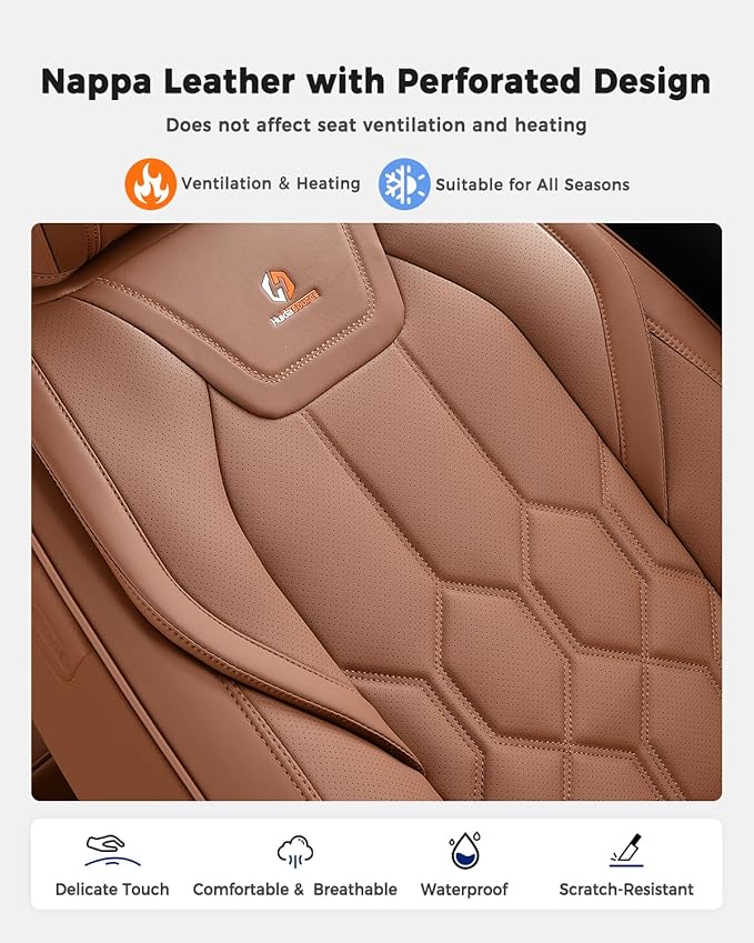 Huidasource Seat Covers Full Set, Universal Fit for Most Cars SUVs Trucks, Full Coverage Leather Automotive Seat Cover, Airbag, Cupholder Compatible, Seat Function Retain, Velcro Adjustable, Brown