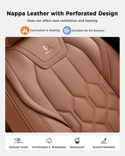 Huidasource Seat Covers Full Set, Universal Fit for Most Cars SUVs Trucks, Full Coverage Leather Automotive Seat Cover, Airbag, Cupholder Compatible, Seat Function Retain, Velcro Adjustable, Brown