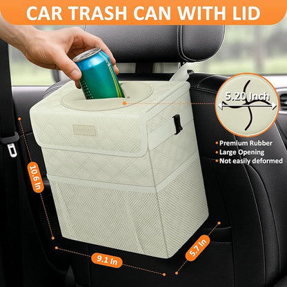Vankor White Car Trash Can Cute, White Car Accessories for Women Waterproof Automotive Garbage Cans Leak Proof Vehicle Trash Can Diamond Pattern-Beige