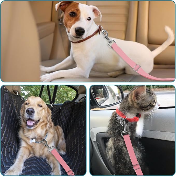 Adjustable pet cat and Dog car seat Belt，The Lanyard is Flexible and Adjustable from 20 to 33 inches (Black + Pink)