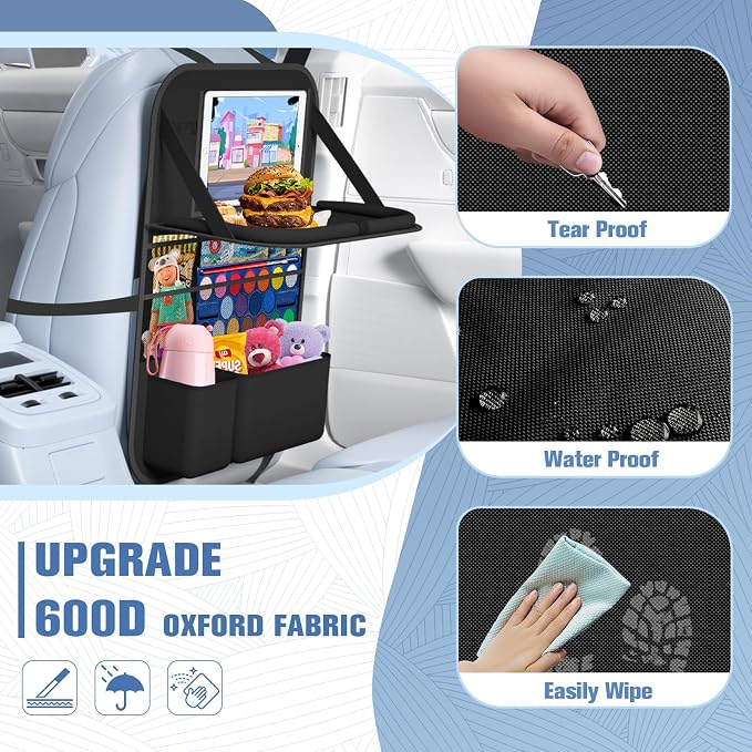 Car Backseat Organizer with table Tray(1Pack) 9 Storage Pockets Backseat Car Organizer with Tablet Holder, Back seat Organizer for Kids Road Trip Essentials Travel