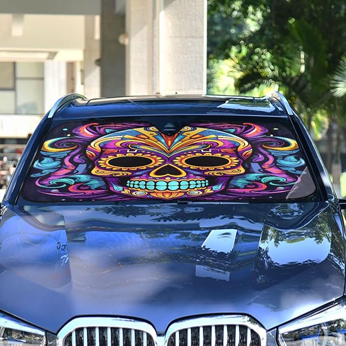 Windshield Sun Shade Sugar Skull Front Window Block UV Shades Visor Reflective Retractable for Car SUV Trucks