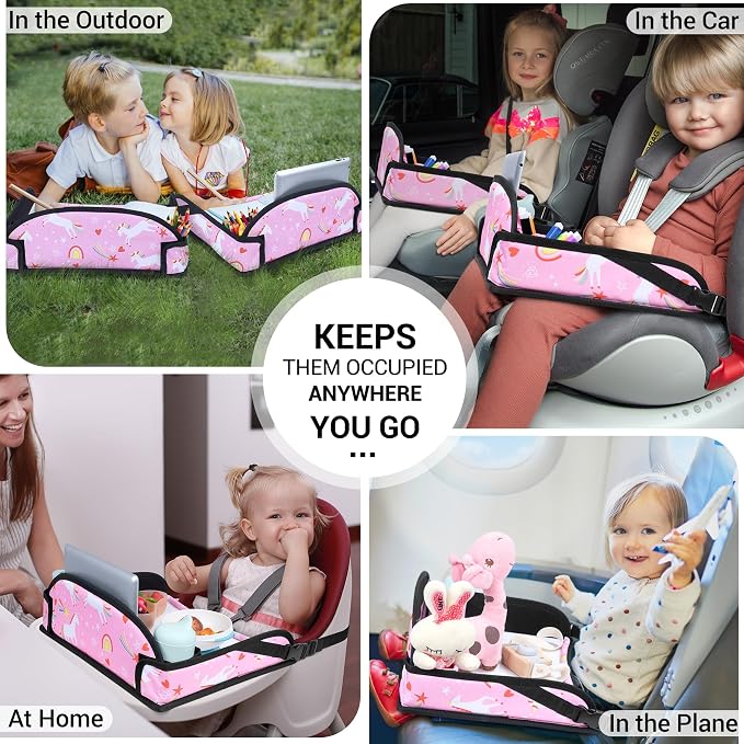 COOLBEBE Kids Travel Tray for Car Seat & Airplane, Toddler Lap Tray with Pen & ipad Stand, Portable Car Seat Table with Cup Holders & Raised Edges, Pink Unicorn, 2-Pack