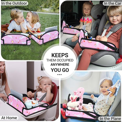 COOLBEBE Kids Travel Tray for Car Seat & Airplane, Toddler Lap Tray with Pen & ipad Stand, Portable Car Seat Table with Cup Holders & Raised Edges, Pink Unicorn, 2-Pack
