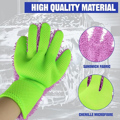 2PCS Car Wash Mitt, 5 Finger Chenille Microfiber Cleaning Mitt for Cars, Scratch-Free Auto Washing Gloves, Car Interior Exterior Cleaning Gloves, Great for Hard-to-Reach Areas (Purple)