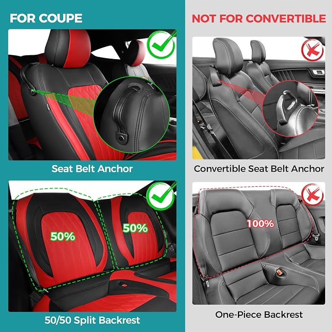Custom for Ford Mustang Coupe Seat Covers 2015-2025 - Custom-Fit Full Set Faux Leather Car Seat Covers for Mustang Coupe Fastback GT/V6/EcoBoost 2015 2016 2017 2018 2019 2020 2021 2022 2023 2024 2025