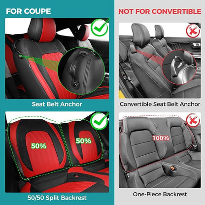 Custom for Ford Mustang Coupe Seat Covers 2015-2025 - Custom-Fit Full Set Faux Leather Car Seat Covers for Mustang Coupe Fastback GT/V6/EcoBoost 2015 2016 2017 2018 2019 2020 2021 2022 2023 2024 2025