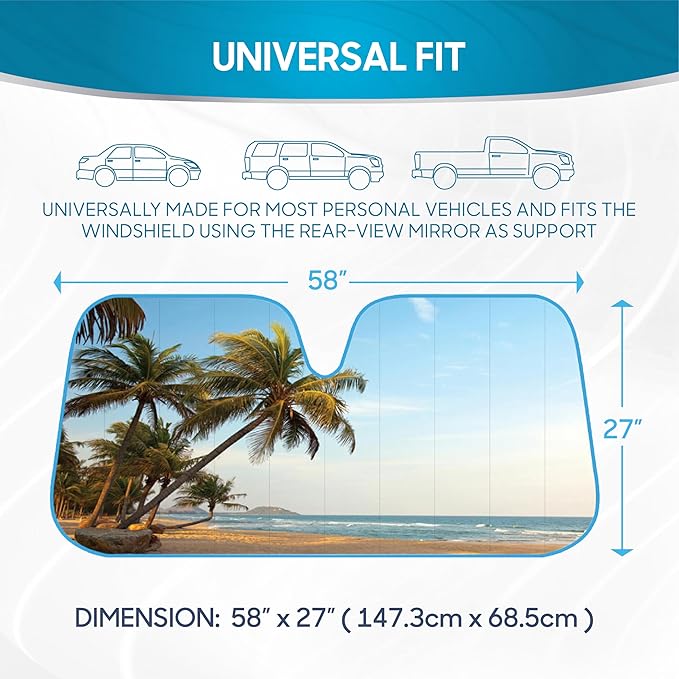 BDK Palm Tree Tropical Island Front Windshield Sun Shade Accordion Folding Cute Car Window Shades for Truck & Car Sunshade Shield for Sun UV Rays - Visor Protector Keeps Vehicle Cool - 58 x 27 inches
