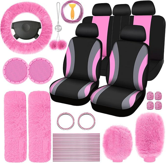 ROCEEI 43 Pcs Pink and Black Car Seat Cover Full Set for Women Christmas Fuzzy Car Accessories Fluffy Steering Wheel Cover Front Rear & Belt Handbrake Shift Accessory for Winter