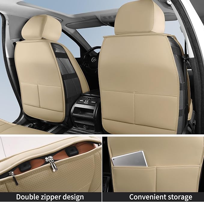 HChengkikz Nappa Leather Car Seat Covers Front Seats, Beige Car seat Protector, Waterproof Car Seat Cushion, Universal Automotive Seat Covers Fit for SUV Truck Pick-up Sedan and Most Cars