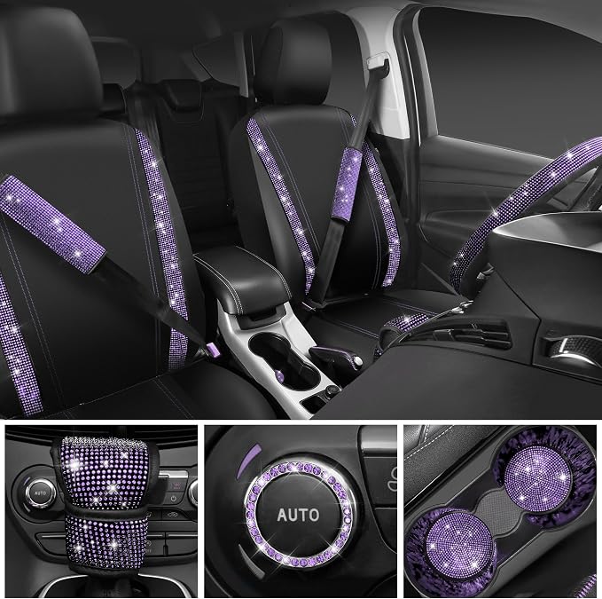 CAR PASS Bling Diamond Leather Car Seat Covers 11 PCS, Sparkly Rhinestone Steering Wheel Cover Glitter Cute Interior Car Accessories Sets Seat Belt Cushion Cup Holder Coaster Women Girl, Violet Purple