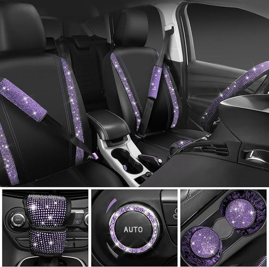 CAR PASS Bling Diamond Leather Car Seat Covers 11 PCS, Sparkly Rhinestone Steering Wheel Cover Glitter Cute Interior Car Accessories Sets Seat Belt Cushion Cup Holder Coaster Women Girl, Violet Purple