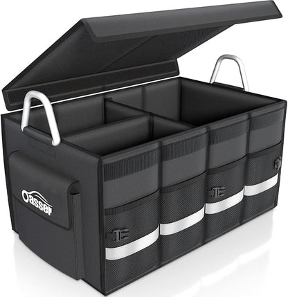 Oasser Trunk Organizer, Large, Black | Waterproof, Collapsible, Foldable Hard Cover, Aluminium Alloy Handle, Reflective Strip