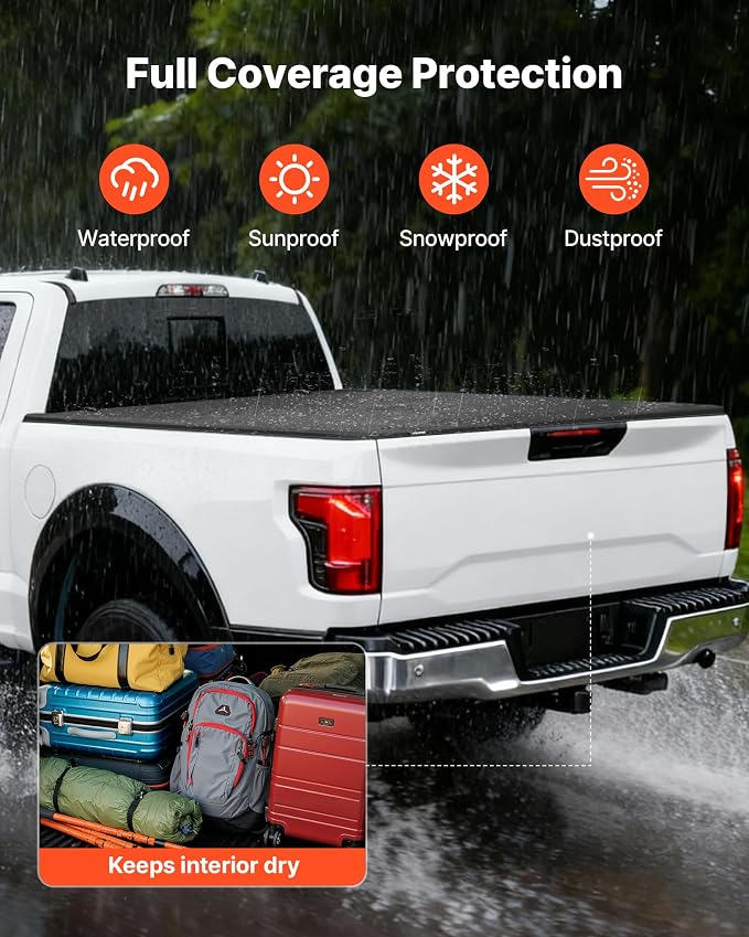 VEVOR Soft Tri-Fold Truck Bed Tonneau Cover, Compatible with 2015-2025 Ford F-150 5.5 ft (67.1 in) Bed, Waterproof Soft Folding Truck Tonneau Cover with 3-Layer PVC and Aluminum Alloy Support Bar