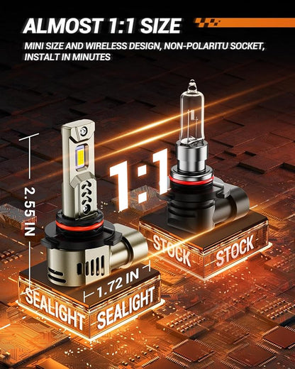 SEALIGHT 9005/HB3 9006/HB4 Bulbs Combo, Super Bright 9005 9006 Driving Light, 1:1 Real Size L2S HB3 HB4 Fog Bulbs, 6500K Cool White, 3 Min Plug-N-Play with Fan, IP68, Pack of 4