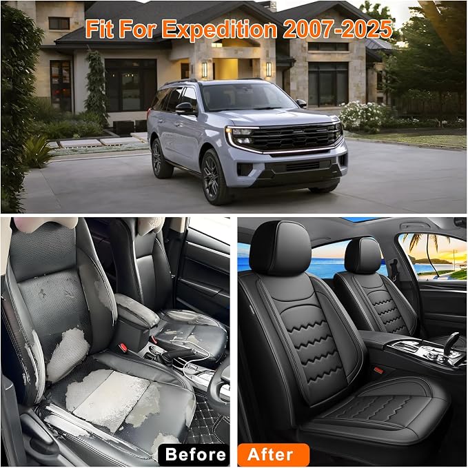 Expedition Car Seat Covers Fit for Ford Expedition 2011-2026, Premium Full Coverage Leather Automotive Seat Protectors, All Seasons Waterproof Breathable, Airbag Compatible, (Full Set, Black)