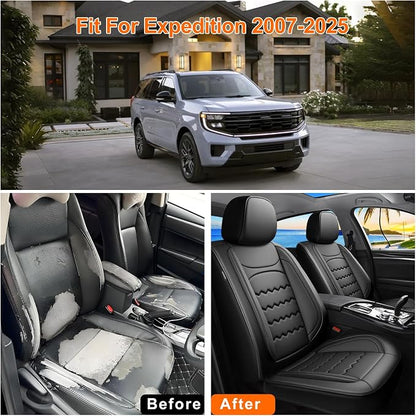 Expedition Car Seat Covers Fit for Ford Expedition 2011-2026, Premium Full Coverage Leather Automotive Seat Protectors, All Seasons Waterproof Breathable, Airbag Compatible, (Full Set, Black)