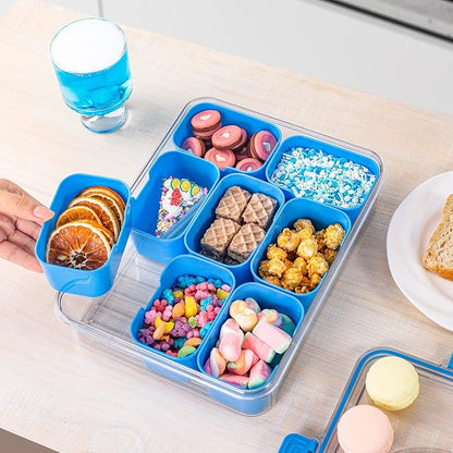 WACOI Divided Snack Serving Tray with Lid and Handle Travel Snackle Charcuterie Container Portable Storage Organizer for Candy, Fruits, Nuts, Snacks, Party, Picnic (1pack, Cerulean)