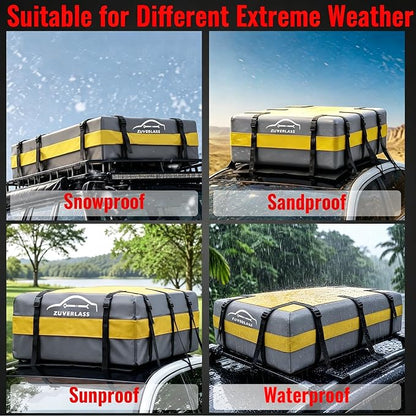21 Cubic Feet Car Roof Cargo Carrier Bag, Waterproof Rooftop Bag for All Vehicle with/Without Racks, Soft Roof Top Storage Box with Anti-Slip Mat, 6 Door Hooks, Luggage Lock, Gray Yellow