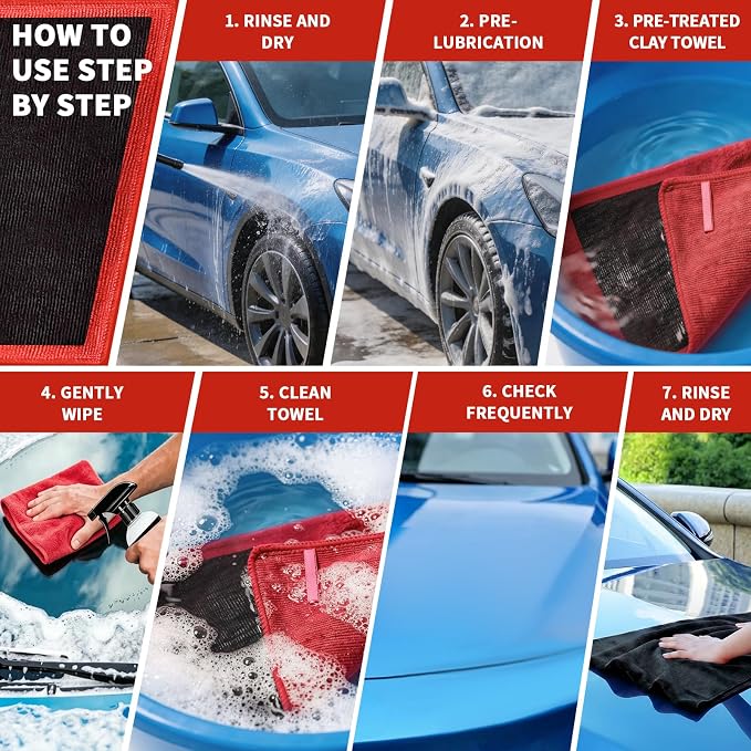 2 Pack Clay Bar Towels Auto Detailing, Fine Grade Microfiber Chamois Towel for Car DIY Detail (Red)