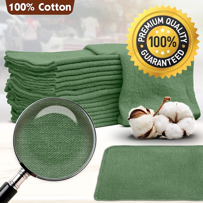 Nabob Wipers Auto Mechanic Shop Towels 25 Pack Bulk Shop Rags 100% Cotton Size 14"x14" Commercial Grade (25 Pack, Green)