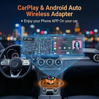 4-in-1 Wireless CarPlay Adapter with Screen Mirroring, Watch Netflix/YouTube in Car, Android Auto AirPlay Mirror Link, Plug & Play No App, Compatible with 800+ Cars iPhone Android