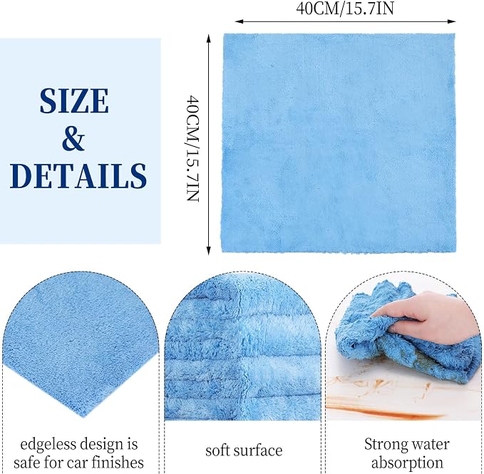 Tallew 16 Pcs 15 Pcs Car Microfiber Towels Buffing Drying Wash Cleaning Cloths Plush Large Towels Thick Care Polishing Detailing Waxing Scratch Proof Towel, 15.75 x 15.75 Inch (Light Blue)