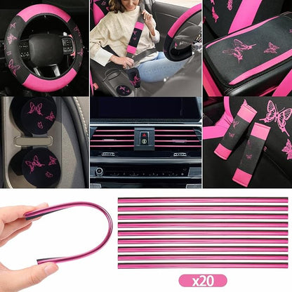 BBTO 43 Pcs Butterfly Car Seat Full Set Butterfly Car Accessories for Women 5 Front Rear Seat Covers Wrist Strap 2 Pcs Cup Mat Armrest Pad 2 Belt Xmas Cover Accessories for SUV(Pink, Black)
