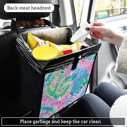 Car Trash Can Organizer Bin with Adjustable Strap for Back Front Seat Console Waterproof Leakproof Collapsible Portable 8.66 Inch Tie Dye Blue Green Pink