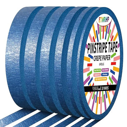 6 Rolls Pinstripe Tape Fine Line Masking Tape 1/16", 1/8", 1/4", 3/8",1/2", 3/4" - Thin Painters Automotive Paper Tape for DIY, Car, Auto, Paint, Art, Tumblers, Pottery, Model Building, Wall