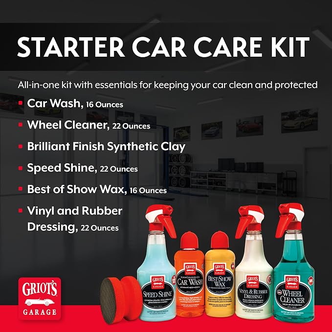 Griot's Garage Starter Car Care Kit, Vehicle Detailing Set, Includes Car Wash, Wax, Vehicle Detailer, Wheel Cleaner, Clay Bar, Vinyl and Rubber Dressing, 11131