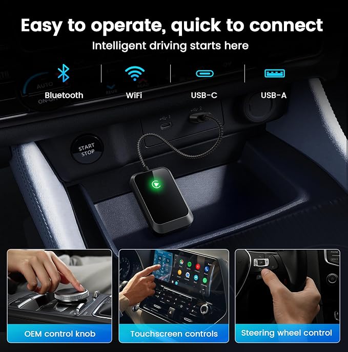 Wireless CarPlay Adapter for iPhone – Plug-and-Play with USB-A Extension & USB-C Connector, Zero Latency, Compatible with 2016+ Cars & iOS 10+