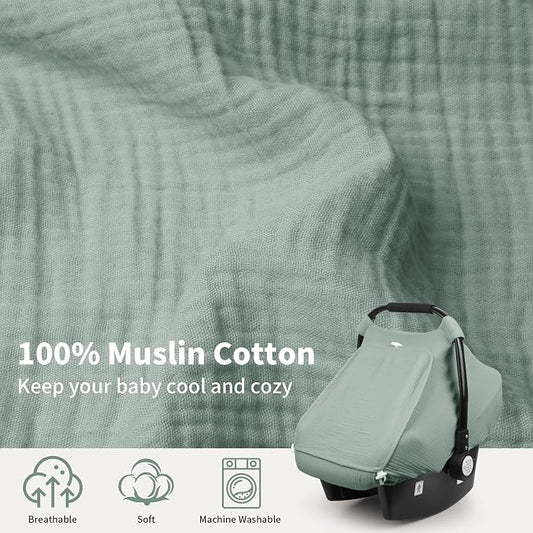 Rquite Car Seat Cover Baby, Carseat Covers Girl Boy, Breathable Muslin Cotton, Large Mesh Window, Infant Car Seat Canopy Baby Carrier Cover Stroller Sun Shade for Summer & Hot Day, Green